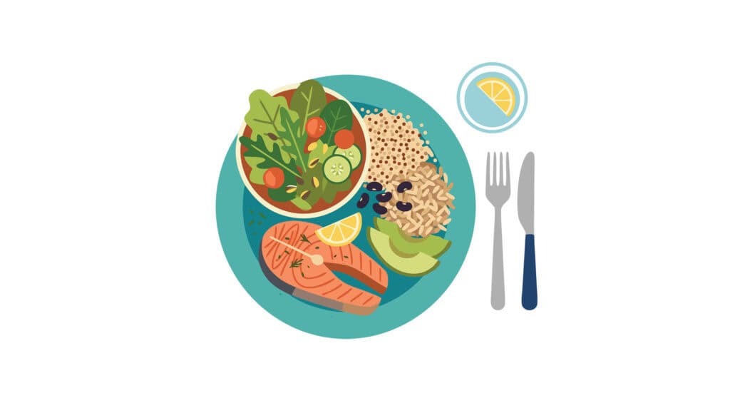 Illustration of a balanced meal featuring salmon, leafy green salad with vegetables, brown rice, black beans, avocado, and lemon, representing healthy eating and nutrition.