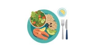 Illustration of a balanced meal featuring salmon, leafy green salad with vegetables, brown rice, black beans, avocado, and lemon, representing healthy eating and nutrition.